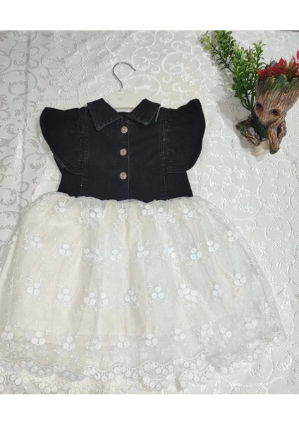 2-3-4 Yaş Astarlı Brode Etekli Kot Kumaş Düğmeli Kız Çocuk Elbisesi Siyah fiyatları