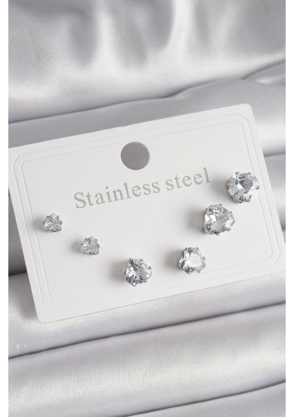 316L Çelik Gümüş Renk Zirkon Taşlı Kalp Model Kadın Küpe Seti - TJ-BKP9879