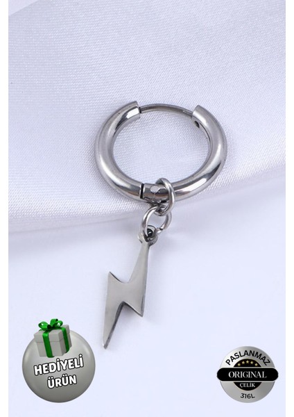 Delikli Şimşek Model Sallantılı Erkek Çelik Küpe 1 Adet