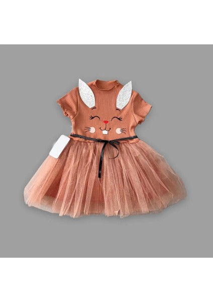 1-2-3 Yaş Payetli Kulak Tavşan Baskılı Kız Bebek Elbisesi Kahverengi
