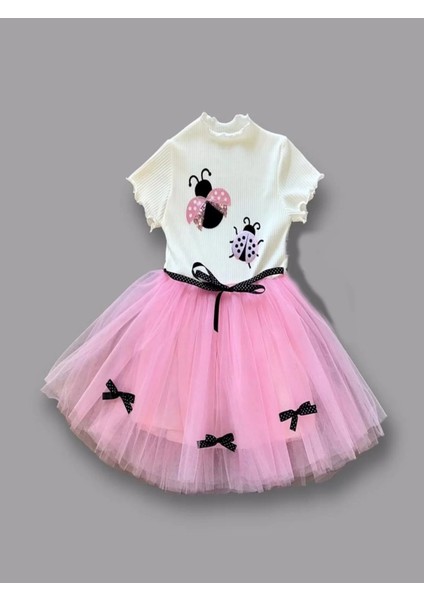 1-2-3 Yaş Uğur Böceği Nakışlı Kurdela Kuşak Kız Çocuk Elbisesi Pembe-Ekru