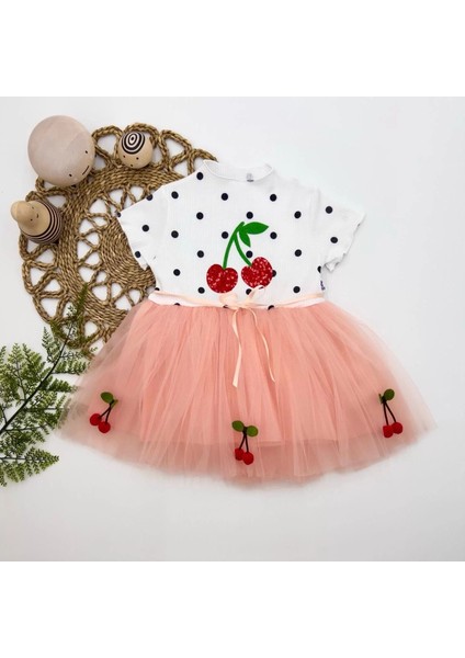 1-2-3 Yaş Payetli Kiraz Nakışlı Kiraz Etekli Kız Bebek Tütü Elbisesi Pudra