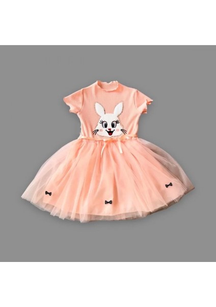 5-6-7 Yaş Payetli Tavşan Baskılı Kız Çocuk Elbisesi Pudra fiyatları
