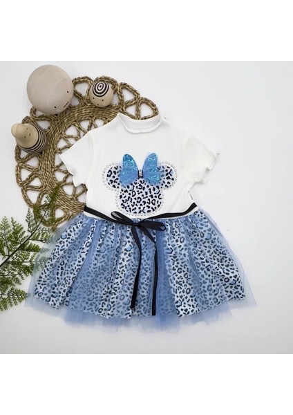 1-2-3 Yaş Fiyonklu Mickey Astarlı Etekli Kız Bebek Tütü Elbisesi Turkuaz-Ekru