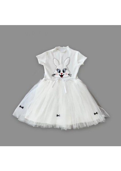 5-6-7 Yaş Payetli Tavşan Baskılı Kız Çocuk Elbisesi Beyaz fiyatları