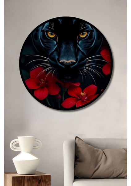 Çerçeve Görünümlü Panter Çiçek Ormanı Dekoratif Ahşap Mdf Ev Duvar Tablo Yuvarlak Ev Duvar Tablo