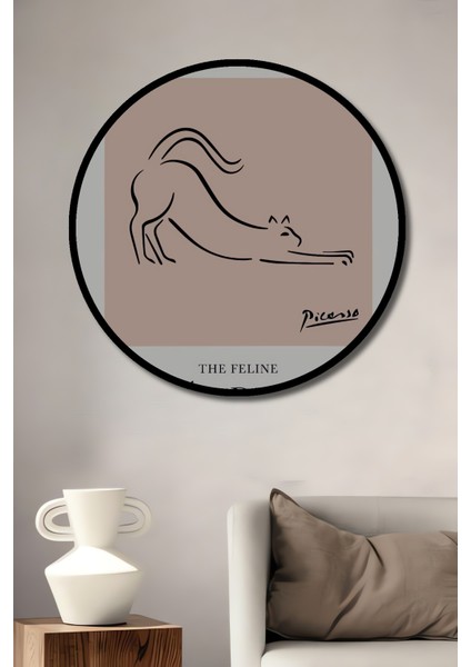 Çerçeve Görünümlü Picasso Kedi Temalı Dekoratif Ahşap Mdf Ev Duvar Tablo Yuvarlak Ev Duvar Tablo