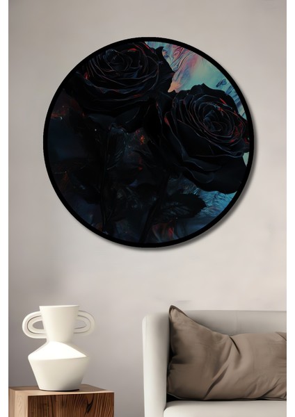 Çerçeve Görünümlü Siyah Güller Dekoratif Ahşap Mdf Işyeri Duvar Tablo Yuvarlak Işyeri Duvar Tablo