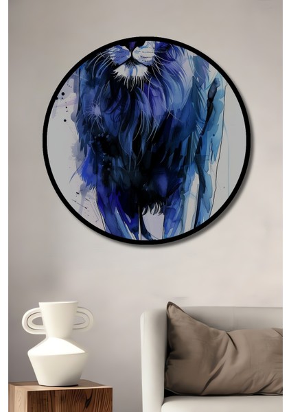 Çerçeve Görünümlü Mavi Aslan Dekoratif Ahşap Mdf Işyeri Duvar Tablo Yuvarlak Işyeri Duvar Tablo