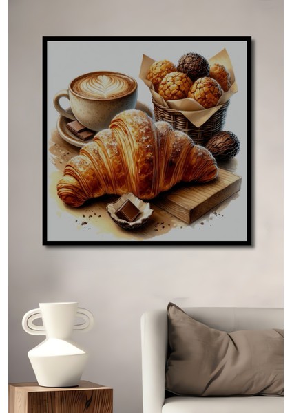 Çerçeve Görünümlü Kahve ve Kruvasan Ziyafeti Ahşap Mdf Dekoratif Dikdörtgen Ev,işyeri Duvar Tablo