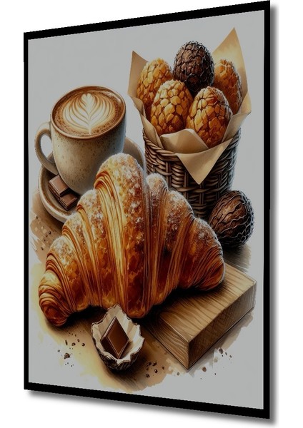 Çerçeve Görünümlü Kahve ve Kruvasan Ziyafeti Ahşap Mdf Dekoratif Dikdörtgen Ev,işyeri Duvar Tablo fiyatları