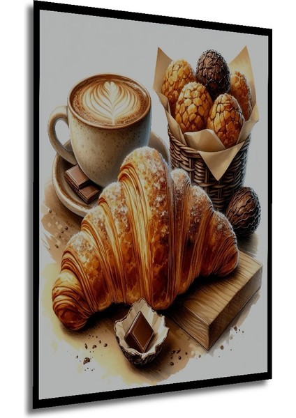 Çerçeve Görünümlü Kahve ve Kruvasan Ziyafeti Ahşap Mdf Dekoratif Dikdörtgen Ev,işyeri Duvar Tablo modelleri