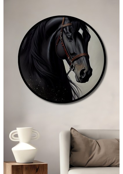 Çerçeve Görünümlü Siyah At Dekoratif Ahşap Mdf Ev/işyeri Duvar Tablo Yuvarlak Ev/işyeri Duvar Tablo