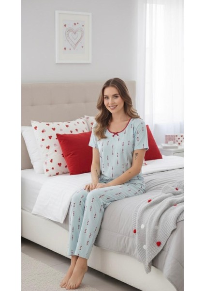 Kırmızı Küçük Kalpli Kadın Pijama Takımı