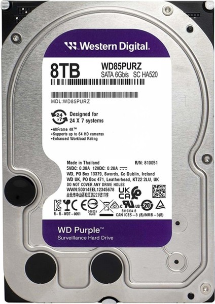 Purple 8tb 5640RPM 128MB Sata3 WD85PURZ 7/24 HDD