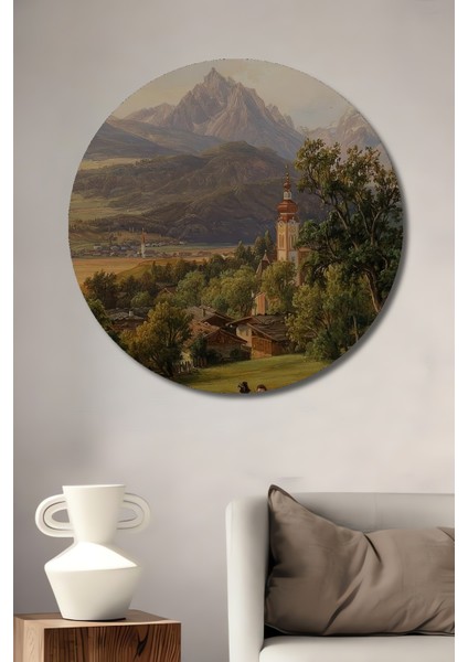 Dağların Eteğinde Manzara Ahşap Mdf Dekoratif Ev/işyeri Duvar Tablo Yuvarlak Ev/işyeri Duvar Tablo