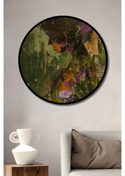 Çerçeve Görünümlü Soyut Çiçekli Dekoratif Ahşap Mdf Ev Duvar Tablo Yuvarlak Ev Duvar Tablo