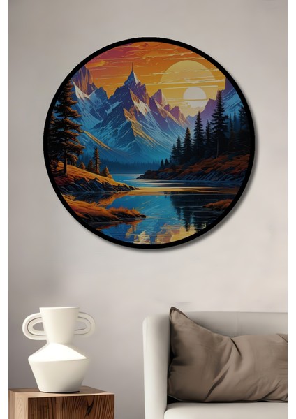 Çerçeve Görünümlü Dağ Manzaralı Dekoratif Ahşap Mdf Ev Duvar Tablo Yuvarlak Ev Duvar Tablo