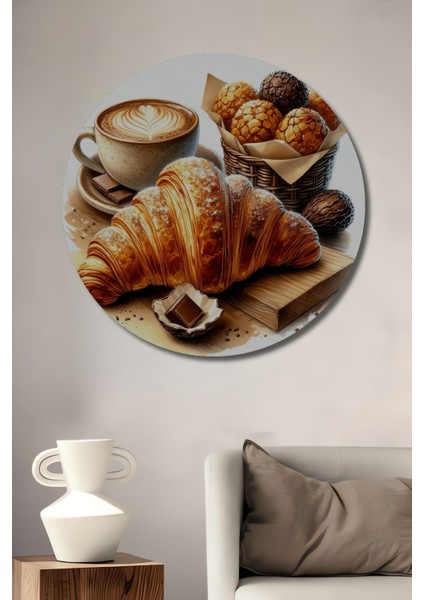 Kahve Keyfi ve Kruvasan Ahşap Mdf Dekoratif Ev/işyeri Duvar Tablo Yuvarlak Ev/işyeri Duvar Tablo