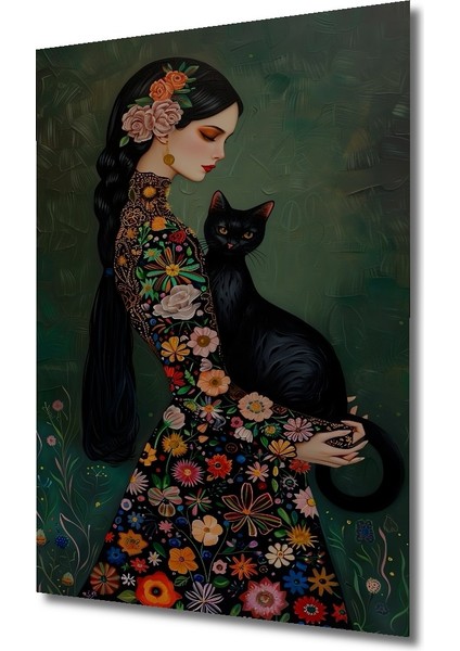 Çiçekli Kadın ve Siyah Kedi Ahşap Mdf Dikdörtgen Dekoratif Ev,iş Yeri Duvar Tablo fiyatları
