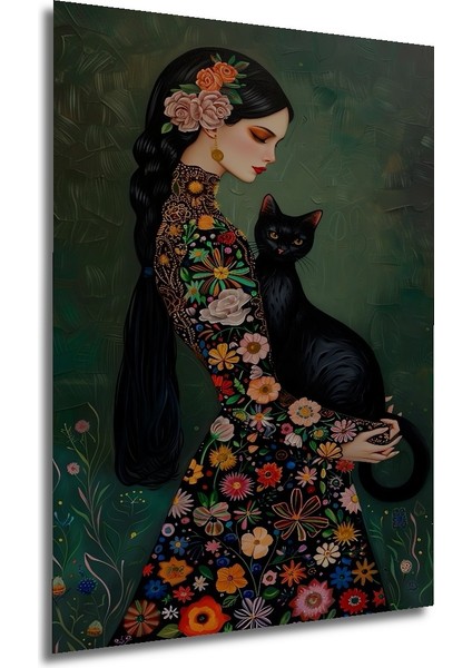Çiçekli Kadın ve Siyah Kedi Ahşap Mdf Dikdörtgen Dekoratif Ev,iş Yeri Duvar Tablo modelleri