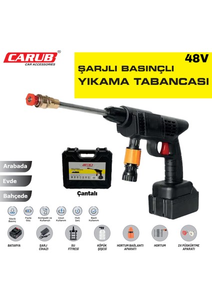 Carub Oto Yıkama Tabancası Şarjlı ve Yüksek Basınçlı Bahçe Sulama Tabancası Çantalı