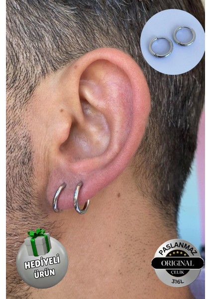 Delikli Trend Orta Boy Halka Küpe Erkek Çelik Küpe 2 Adet