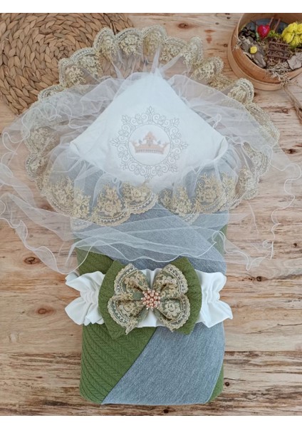 Yenidoğan Teri Cotton Taç Nakışlı Prizma Taş Kundak Bebek Battaniyesi Yeşil