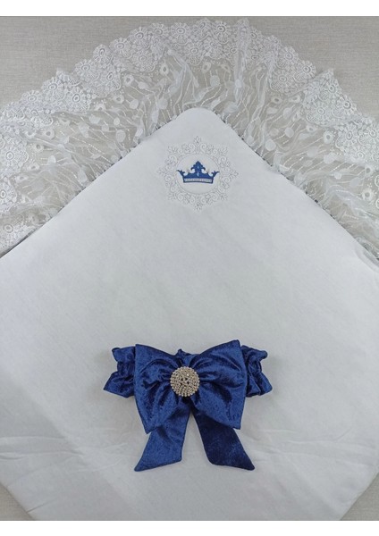 Yenidoğan Saray Kadife Taç Nakışlı Inci Fiyonklu Dantel Duvak Trilüks Kundak Bebek Battaniye Lacivert fiyatları
