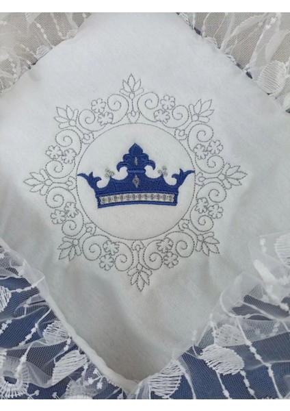 Yenidoğan Saray Kadife Taç Nakışlı Inci Fiyonklu Dantel Duvak Trilüks Kundak Bebek Battaniye Lacivert modelleri
