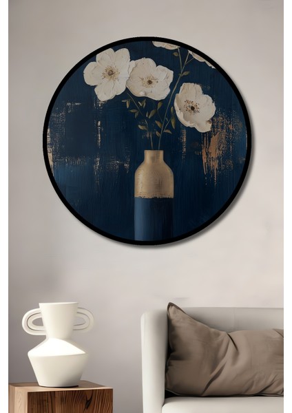 Çerçeve Görünümlü Beyaz Çiçekli Dekoratif Ahşap Mdf Ev Duvar Tablo Yuvarlak Ev Duvar Tablo