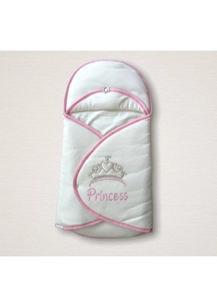 Yenidoğan Princess Nakışlı Çizgi Efektli Kız Bebek Klasik Kundak Bebek Battaniyesi Ekru
