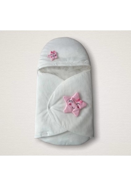 Yenidoğan Çift Yıldız Detaylı Şapkalı Duvaklı Kız Bebek Klasik Kundak Bebek Battaniyesi Ekru