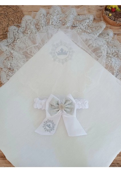 Yenidoğan Titi Taç Nakışlı Plazma Taşlı Güpürlü Çift Fiyonk Duvaklı Trilüks Kundak Bebek Battaniyesi Gümüş modelleri