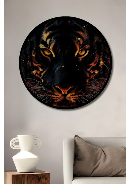 Çerçeve Görünümlü Ateşli Kaplan Ahşap Mdf Dekoratif Ev Duvar Tablo Yuvarlak Ev Duvar Tablo