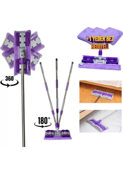 Mandallı Yer Mopu - Mikrofiber Bezli - Fayans - Duvar Yüzey Temizlik ( 1 Adet Yedek Bez Hediyeli ) Mor Renk modelleri