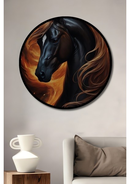 Çerçeve Görünümlü Alevli At Dekoratif Ahşap Mdf Işyeri Duvar Tablo Yuvarlak Işyeri Duvar Tablo