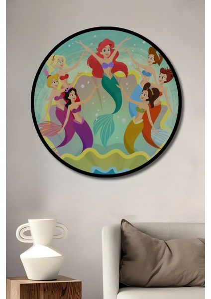 Çerçeve Görünümlü Küçük Deniz Kızı Ahşap Mdf Dekoratif Ev Duvar Tablo Yuvarlak Ev Duvar Tablo