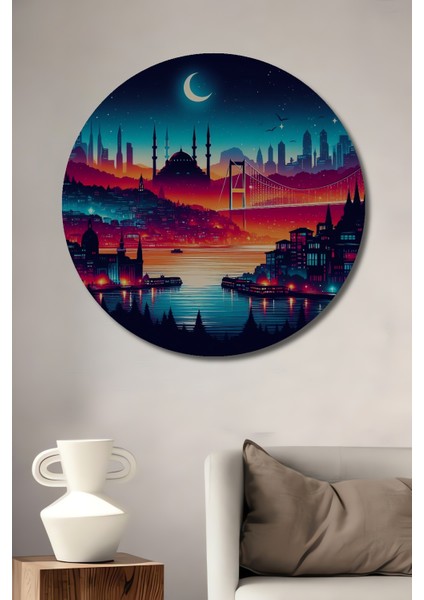 Büyüleyici Istanbul Silüeti Ahşap Mdf Dekoratif Işyeri Duvar Tablo Yuvarlak Işyeri Duvar Tablo