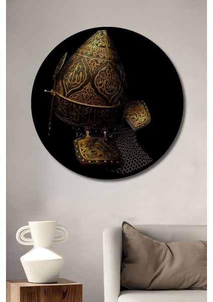 Çerçeve Görünümlü Osmanlı Miğferi Ahşap Mdf Dekoratif Ev Duvar Tablo Yuvarlak Ev Duvar Tablo
