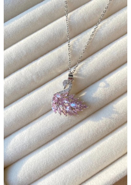316L Pembe Zirkon Taşlı Kuğu Çelik Kolye