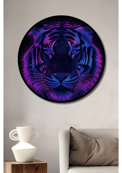 Çerçeve Görünümlü Neon Kaplan Dekoratif Ahşap Mdf Işyeri Duvar Tablo Yuvarlak Işyeri Duvar Tablo
