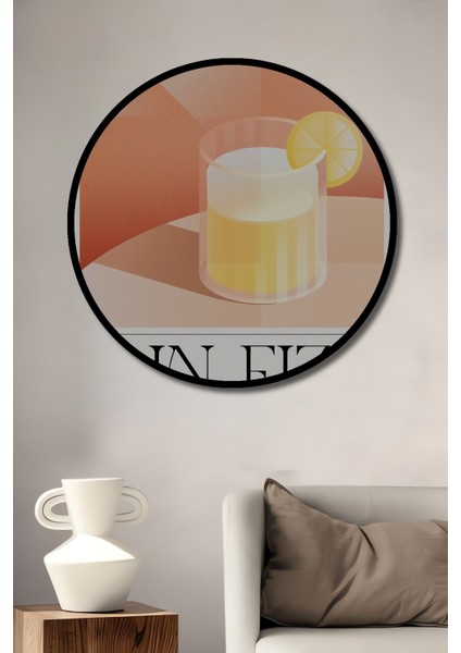 Çerçeve Görünümlü Gin Fizz Kokteyl Ahşap Mdf Dekoratif Ev Duvar Tablo Yuvarlak Ev Duvar Tablo