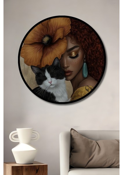 Çerçeve Görünümlü Çiçekli Kadın ve Kedi Dekoratif Ahşap Mdf Ev Duvar Tablo Yuvarlak Ev Duvar Tablo