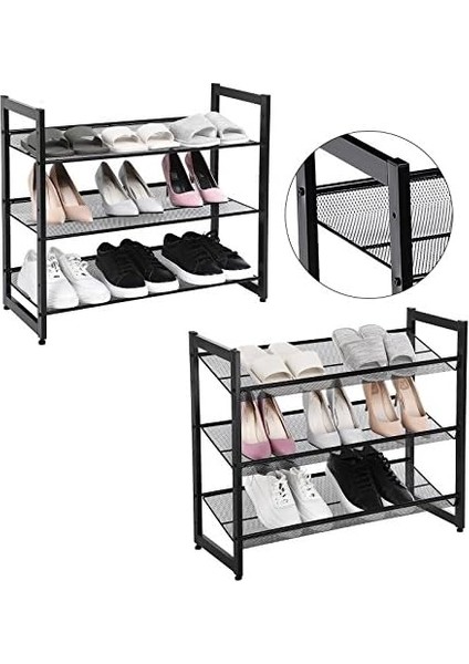 3 Katlı Metal Ayakkabı Rafı, Fileli Raf, Ayarlanabilir Koyma Alanlı Düz Veya Açılı Raf Zeminleri, Koridor, Giriş Alanı Için Istiflenebilir Depo Rafı, 74X62,8X30,7 Cm, Siyah, LMR03B modelleri