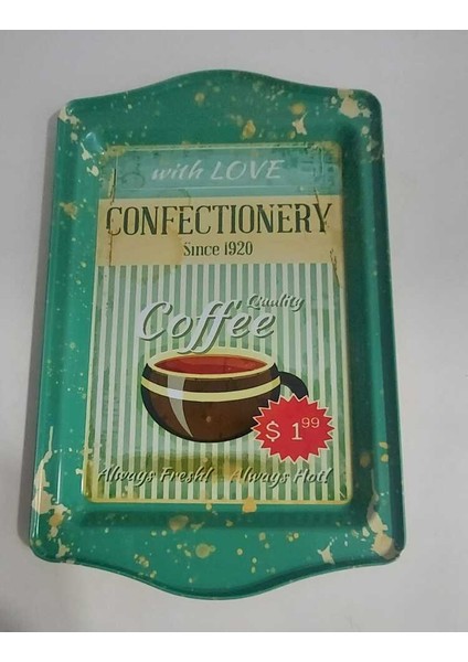 Küçük Coffee Desenli Metal Tepsi Genişlik 15,7cm Uzunluk 24,5cm 1 Adet
