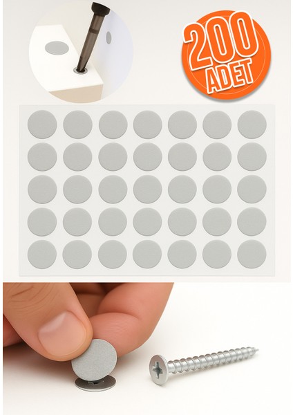 Yapışkanlı Yapıştırma Vida Tapası Tıpası Gri Vida Kapatıcı Kapağı (200 Adet)