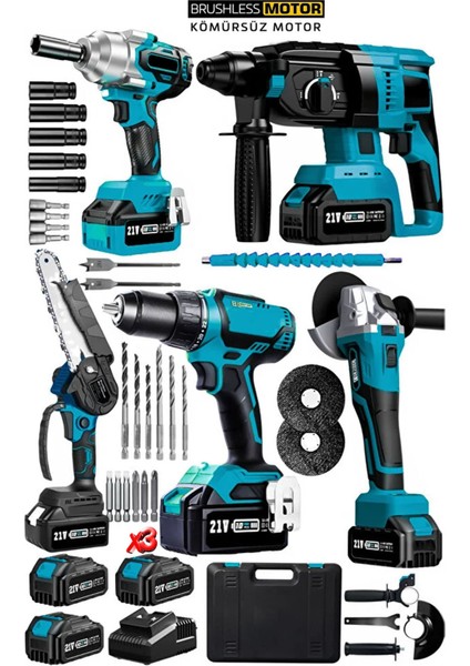 Kömürsüz Seri 5’li Güç Seti + 20 Aksesuar | Akülü Budama, Matkap, Kırıcı, Taşlama, Somun Sökme fiyatları