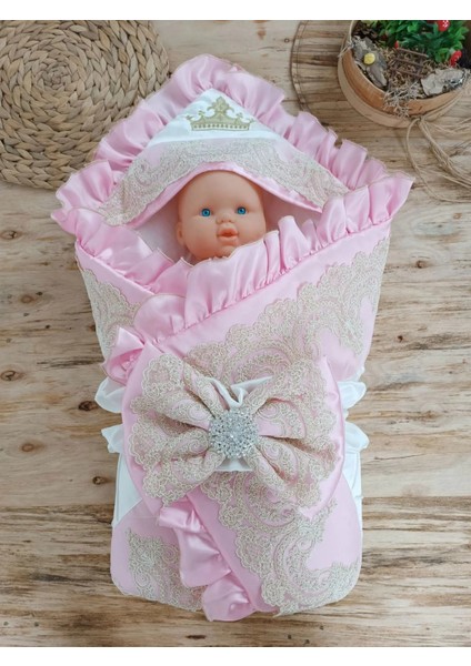 Yenidoğan Grand Lüks Kelebek Ağır Güpür Işlemeli Şapkalı Bebek Battaniyesi Kundak Pembe fiyatları