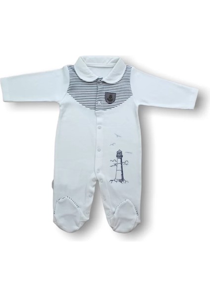 3-6 6-9 Ay Deniz Feneri Nakışlı Patikli Uzun Kollu Erkek Bebek Tulumu Ekru
